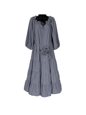 Entro Womens Medium Cottagecore Tiered Midi Dress Blue Gray Puff Sleeve NWT